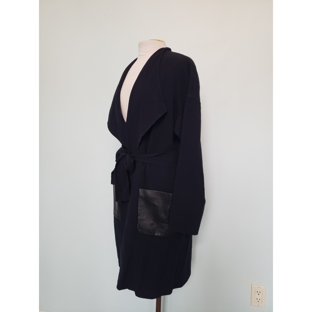 Apostrophe Womens‎ 42 L 100% Wool Coat Belted Lambskin Leather Pockets Dark Navy - Picture 7 of 13